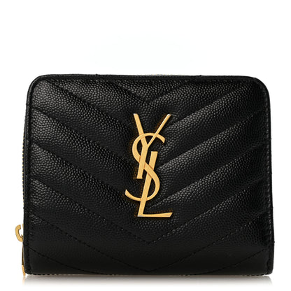 Saint Laurent Grain De Poudre Matelasse Chevron Monogram Compact Zip Around Wallet Black 1 of 10