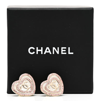 Chanel Crystal CC Resin Heart Earrings Gold Pink White 5 of 5