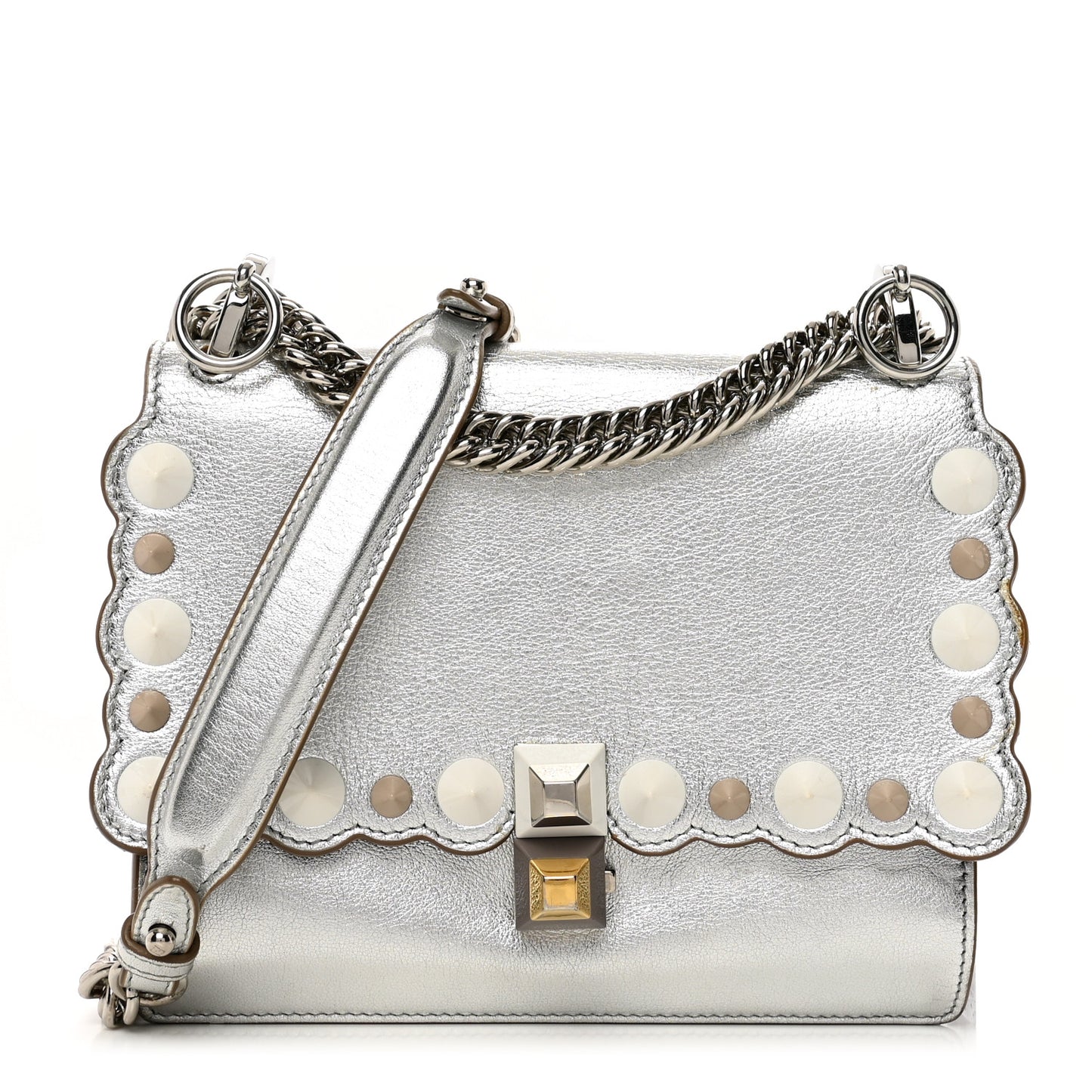 Vitello Catalan Mirror Scalloped Multi Studded Small Kan I Shoulder Bag Argento