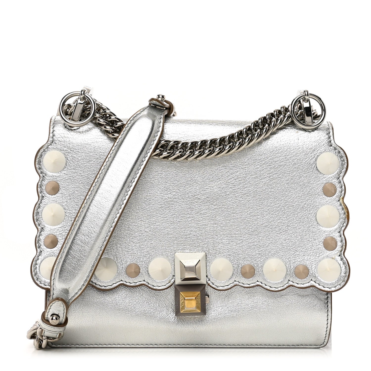 Fendi Vitello Catalan Mirror Scalloped Multi Studded Small Kan I Shoulder Bag Argento 1 of 12