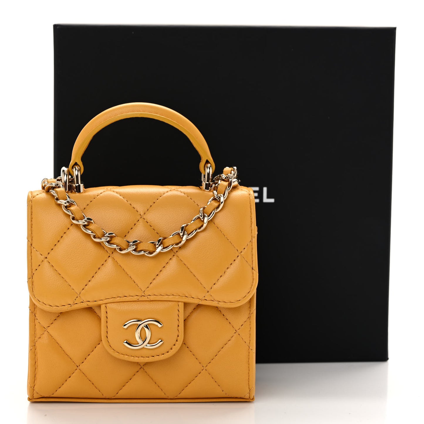 Lambskin Quilted Top Handle Flap Clutch With Chain Yellow