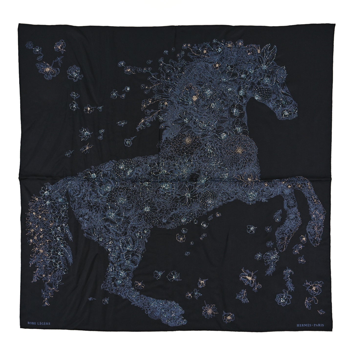 Silk Embroidered Robe Legere Scarf 90 Black Bleu