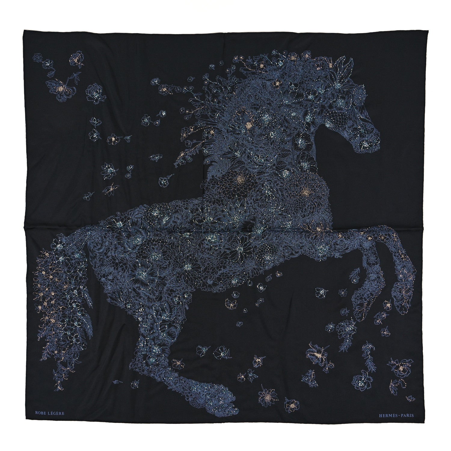 Hermes Silk Embroidered Robe Legere Scarf 90 Black Bleu 1 of 4