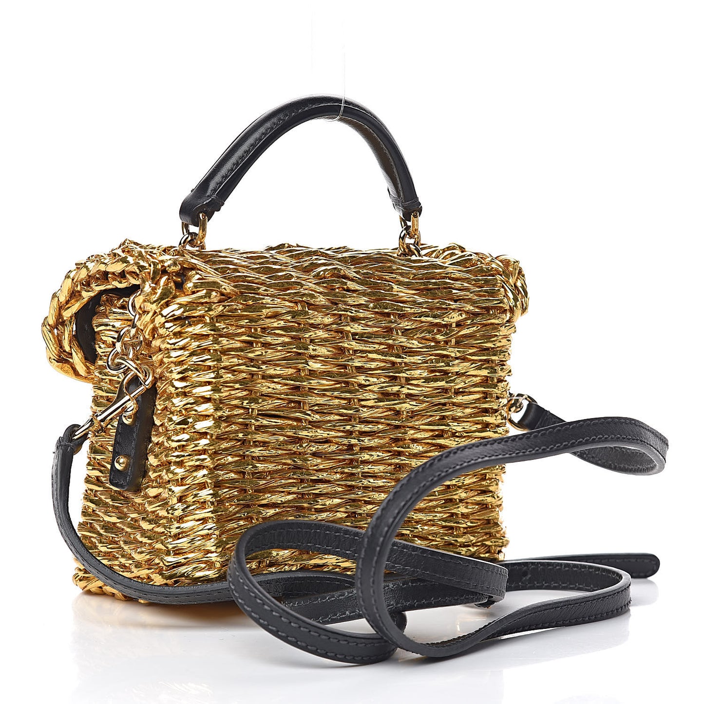Metallic Coated Woven Raffia Shoulder Bag Gold