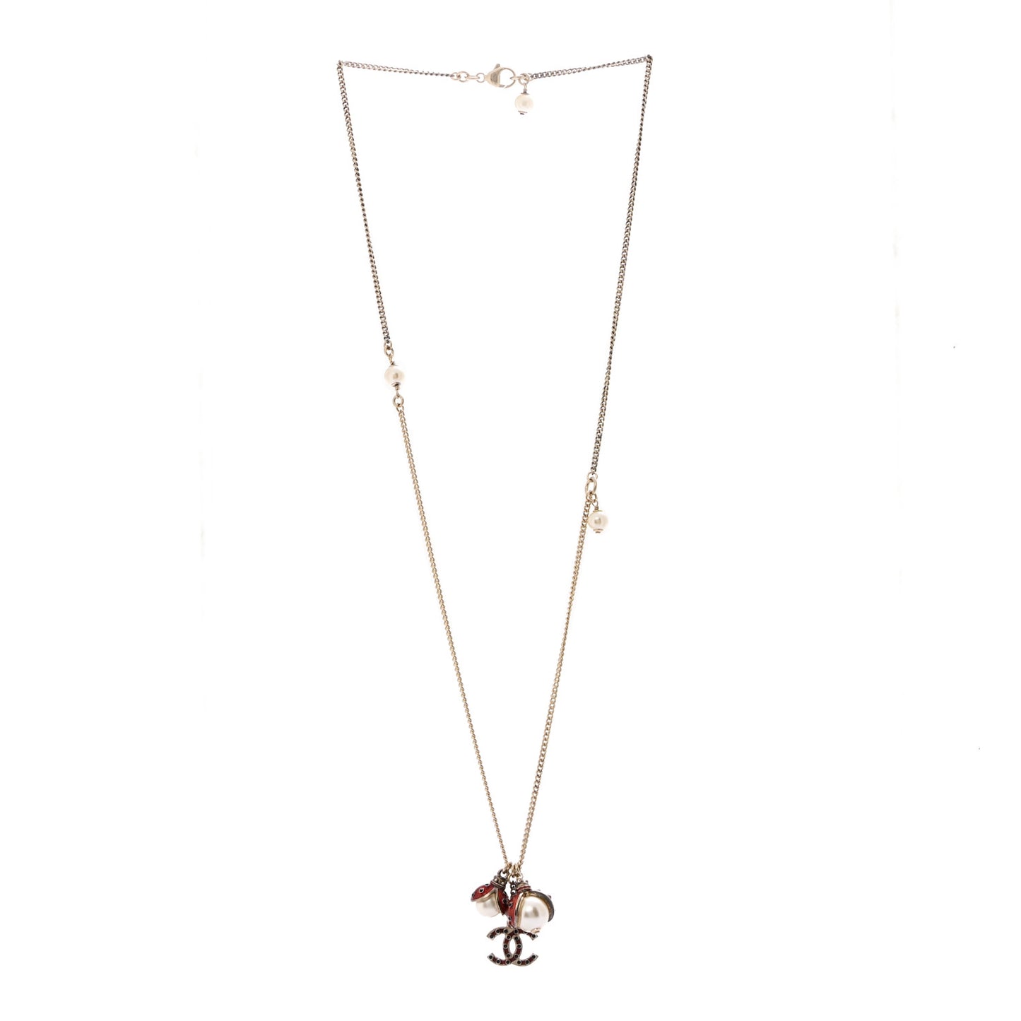 Enamel Pearl CC Ladybug Necklace Gold Red