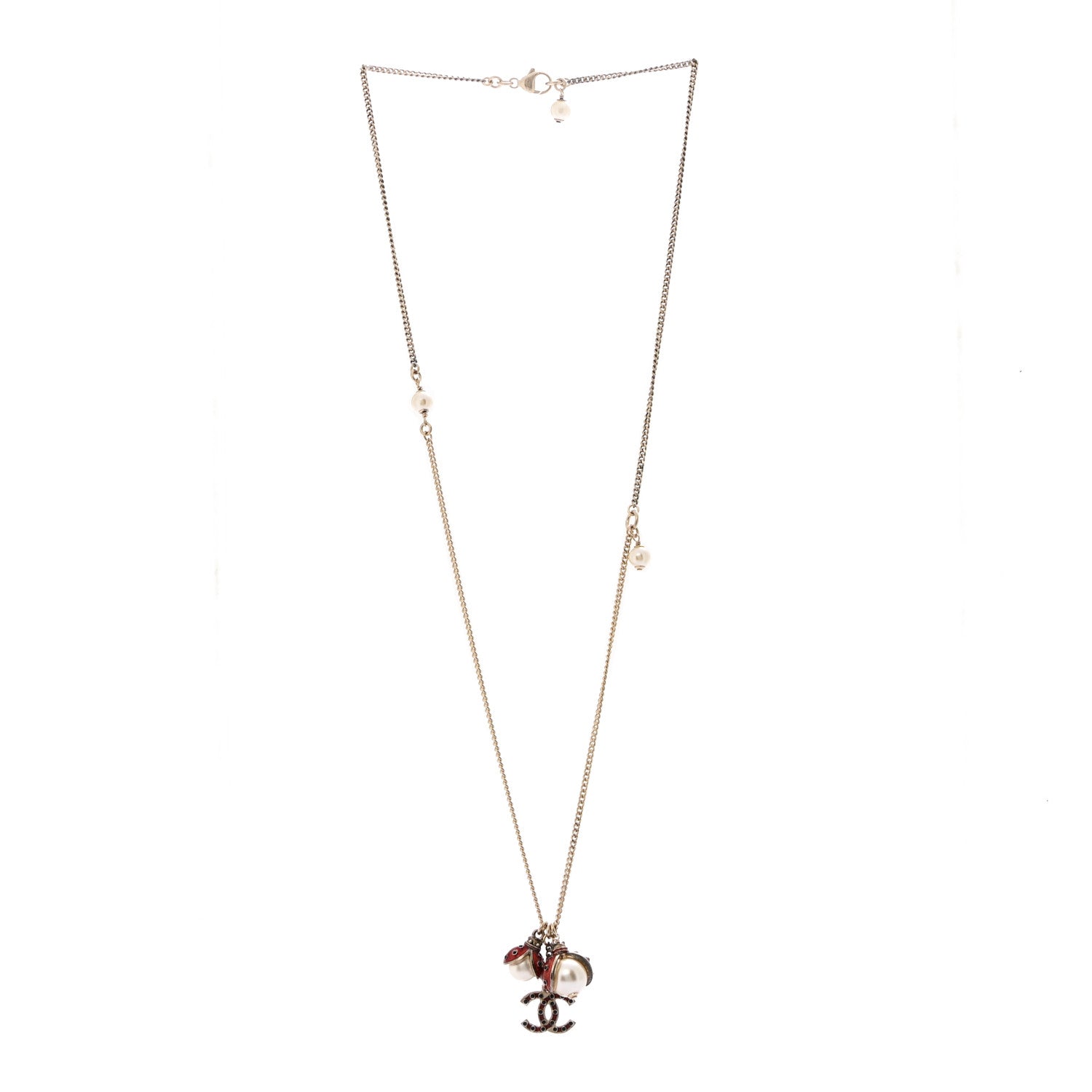 Chanel Enamel Pearl CC Ladybug Necklace Gold Red 3 of 7