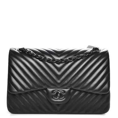 Chanel Lambskin Chevron Quilted Jumbo Double Flap So Black 1 of 8