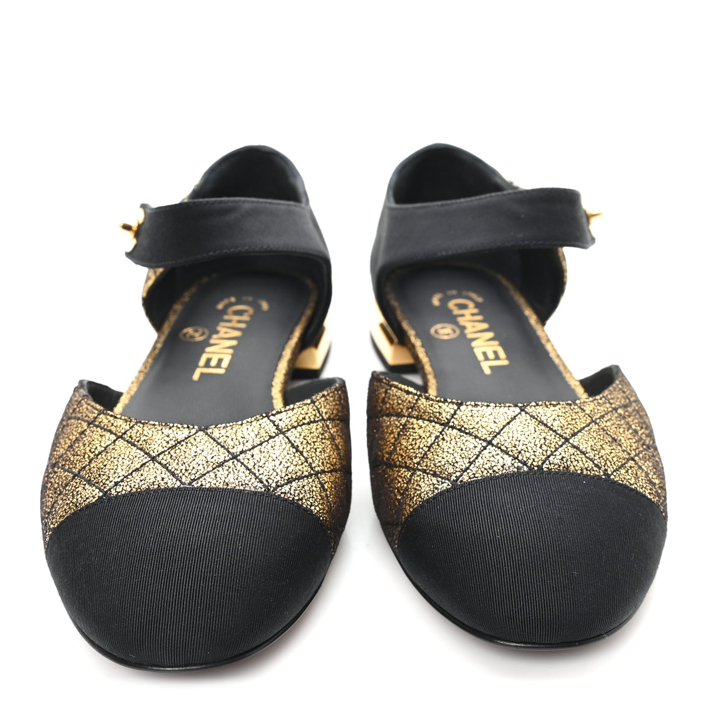 Laminated Suede Kidskin Grosgrain Quilted Cap Toe Ballerina Flats 36.5 Gold Black