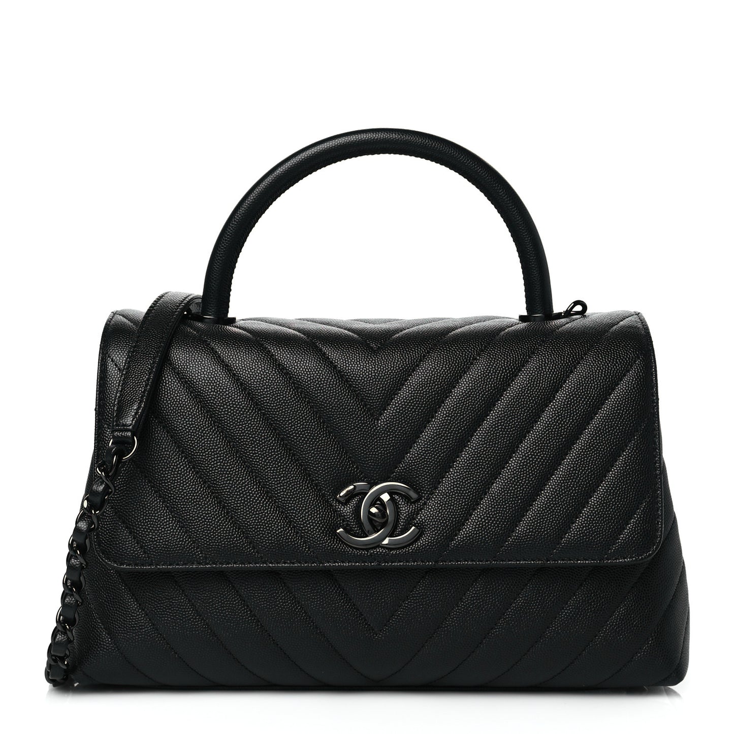 Caviar Chevron Quilted Small Coco Handle Flap So Black