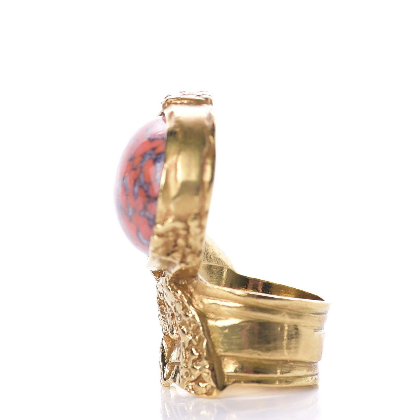 Glass Cabochon Arty Ovale Ring 6 Gold Coral