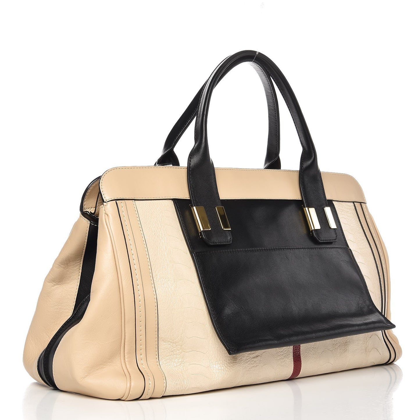 Ostrich Crocodile Embossed Large Alice Satchel Beige Black