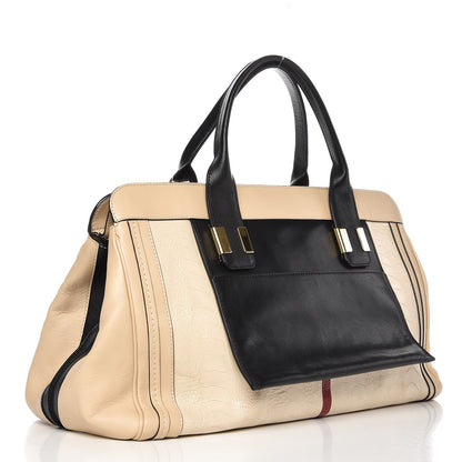 Chloe Ostrich Crocodile Embossed Large Alice Satchel Beige Black 3 of 9