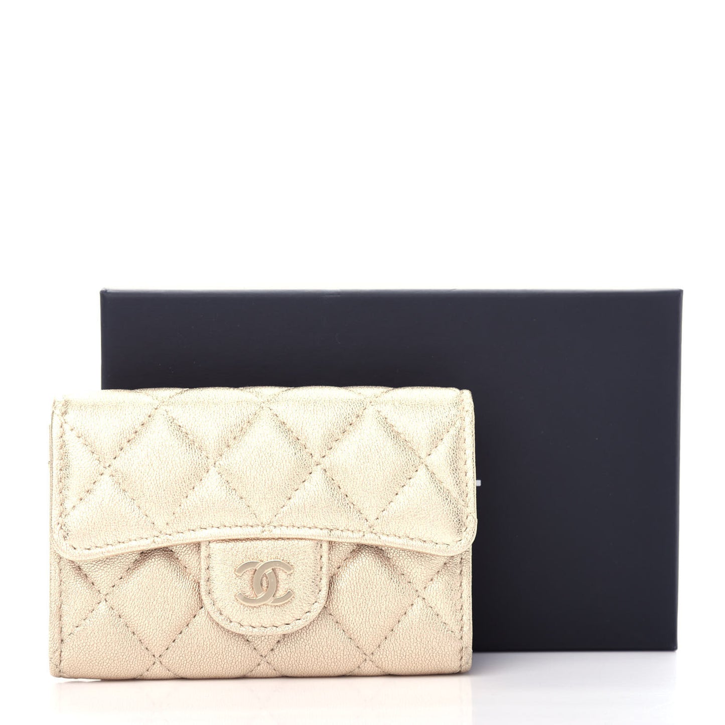 Metallic Lambskin Quilted Flap Card Holder Wallet Gold