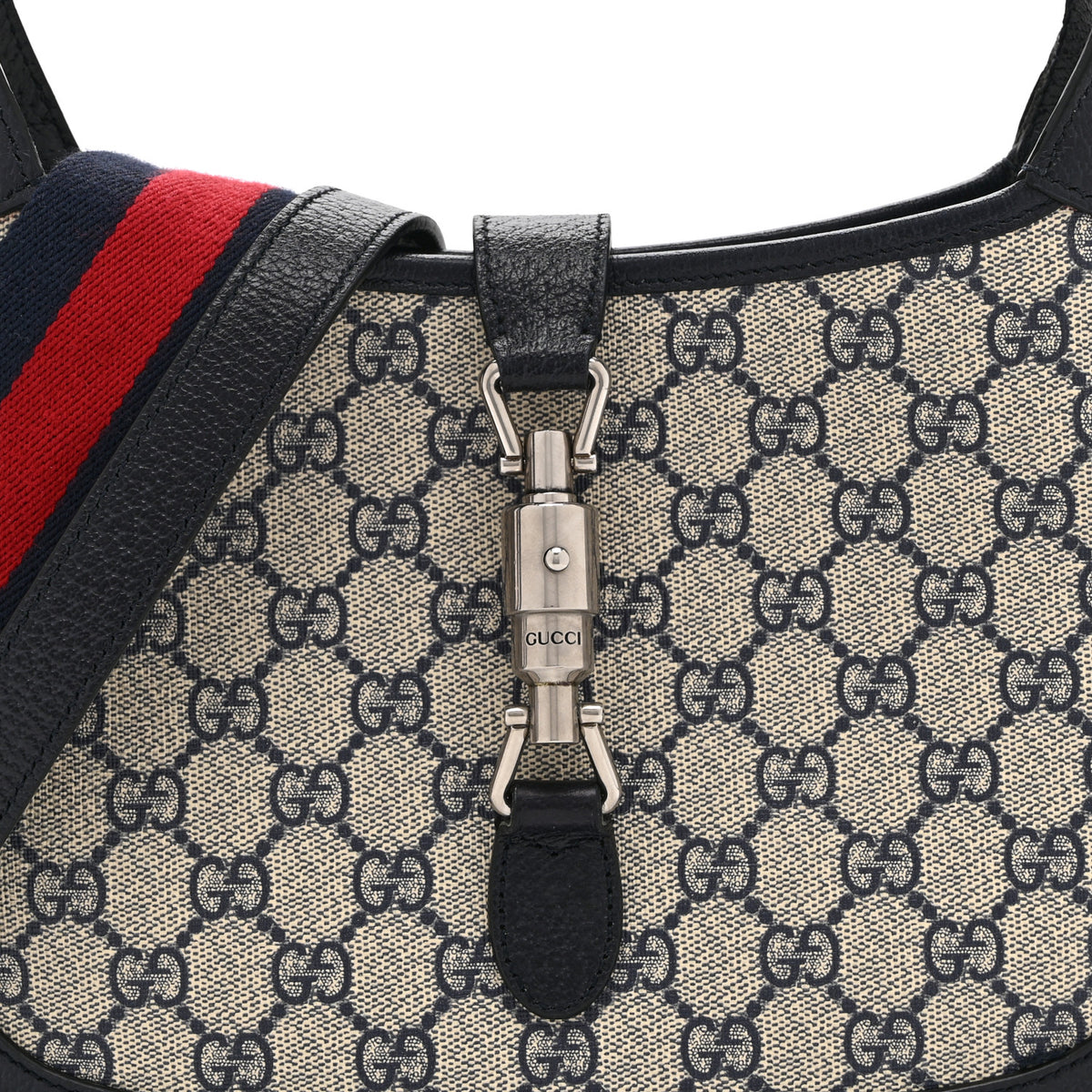 Gucci GG Supreme Monogram Textured Dollar Calfskin Web Small Jackie 1961 Hobo Beige Blue 9 of 11