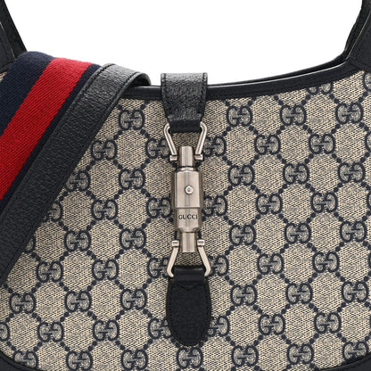 Gucci GG Supreme Monogram Textured Dollar Calfskin Web Small Jackie 1961 Hobo Beige Blue 9 of 11