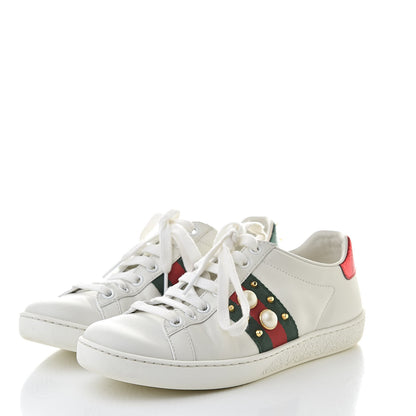 Gucci Calfskin Web Pearl Studded Womens Ace Sneakers 35 White 3 of 14