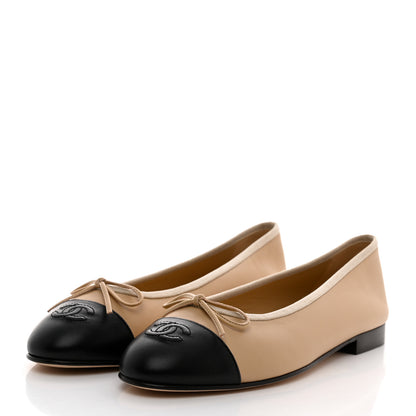 Chanel Lambskin Cap Toe Ballerina Flats 39.5 Beige Black 3 of 9