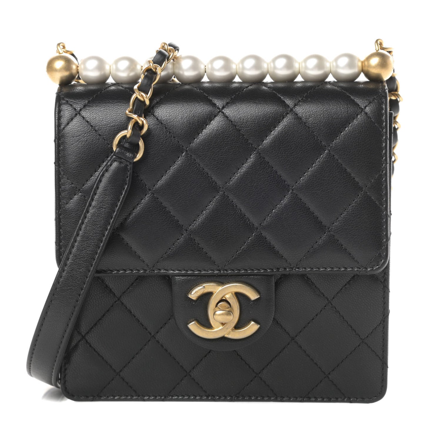 Goatskin Quilted Chic Pearls Flap Black