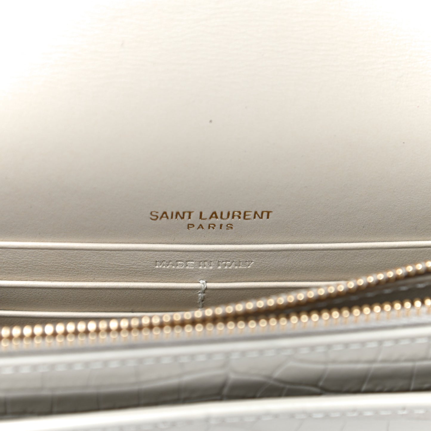 Calfskin Crocodile Embossed Monogram Sunset Chain Wallet Blanc Vintage