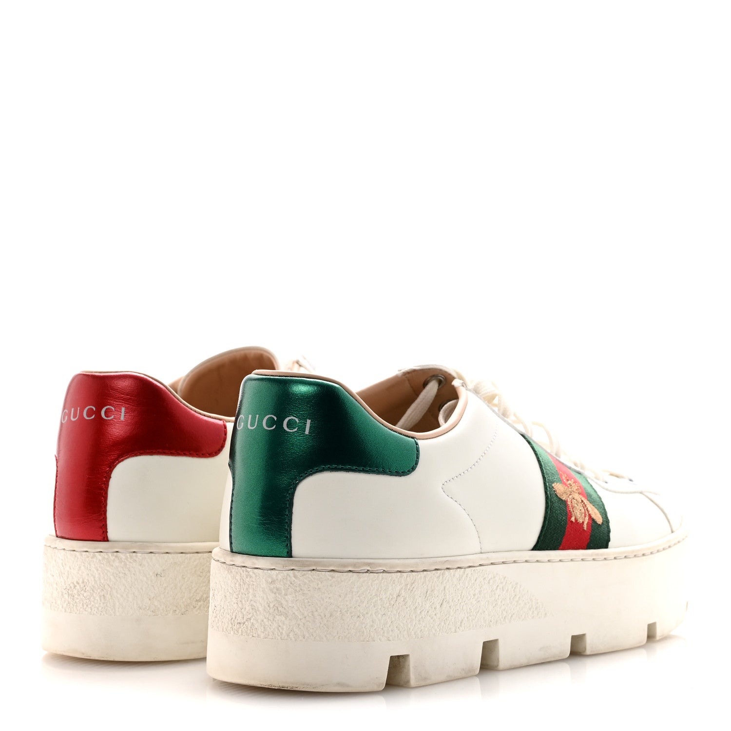 Gucci Calfskin Web Bee Embroidered Womens Ace Platform Sneakers 38.5 White 5 of 9