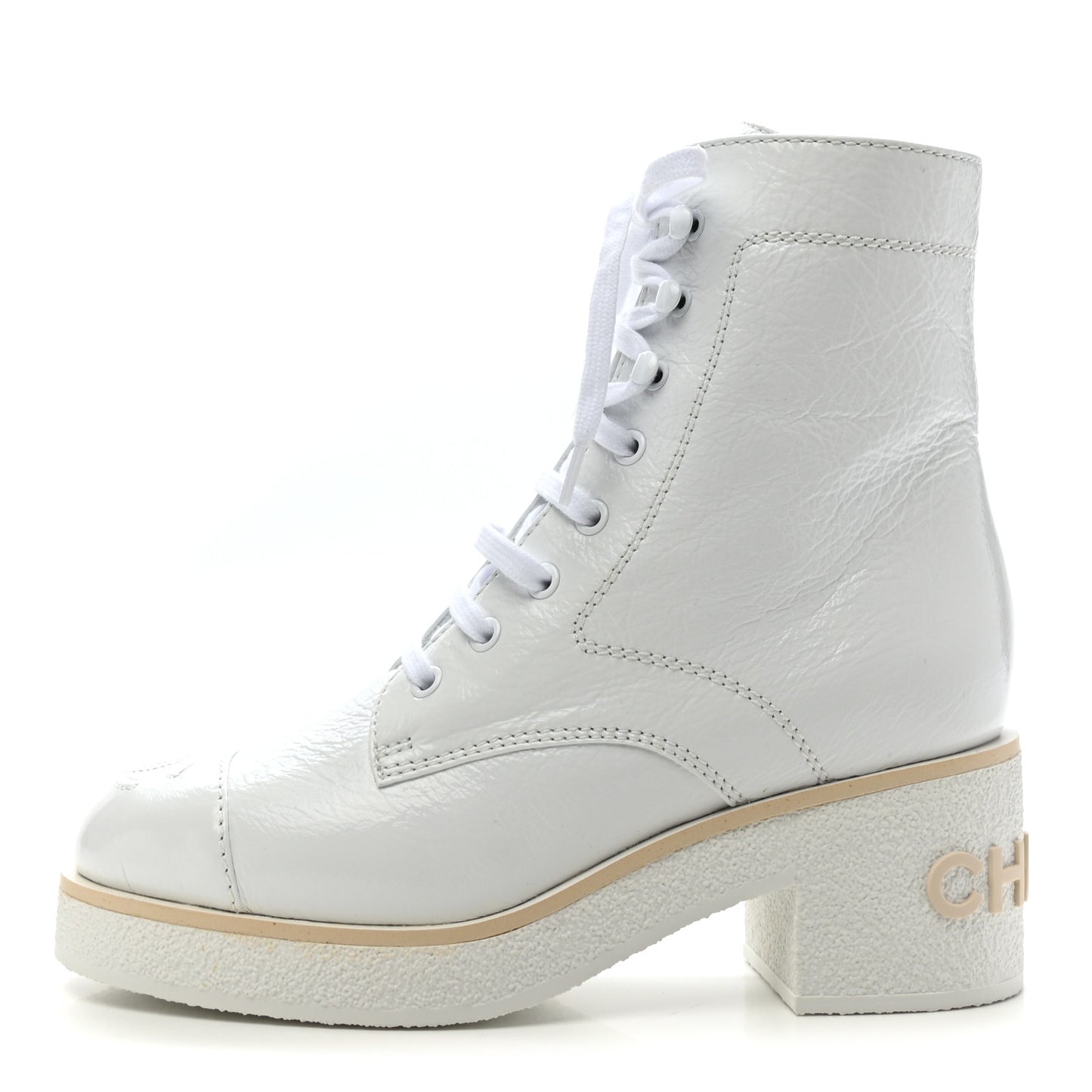 Shiny Crumpled Lambskin Lace Up Combat Boots 35.5 White