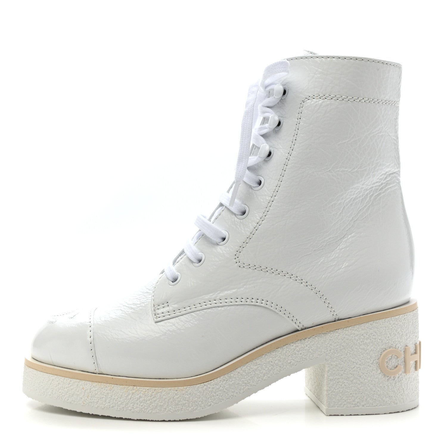 Chanel Shiny Crumpled Lambskin Lace Up Combat Boots 35.5 White 1 of 7