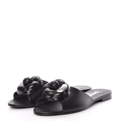 Chanel Lambskin Camellia Sandal Mules 37.5 Black 3 of 9