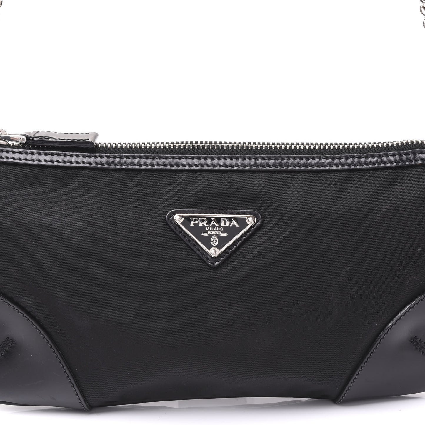 Tessuto Nylon Calfskin Chain Pochette Black
