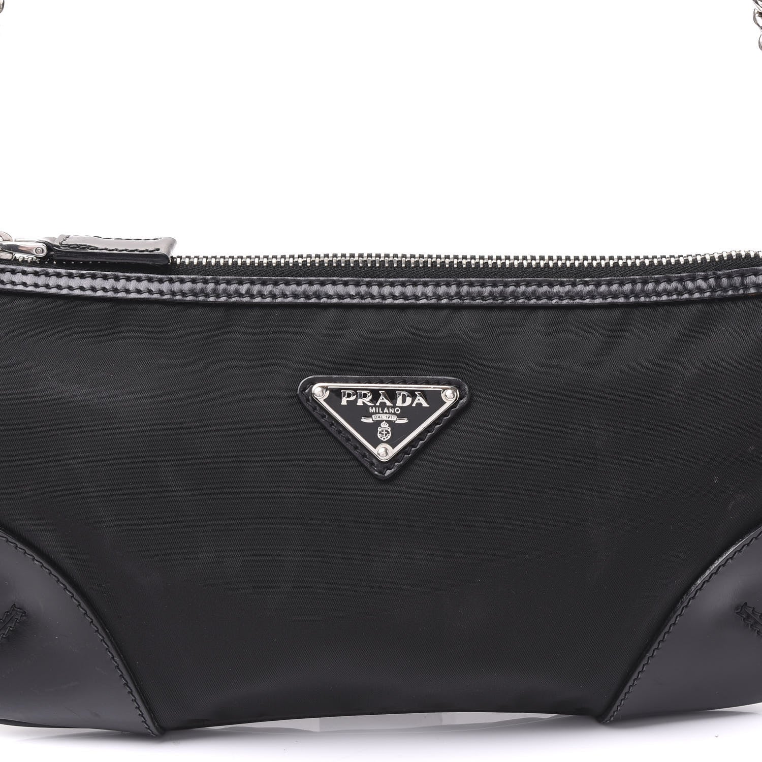 Prada Tessuto Nylon Calfskin Chain Pochette Black 8 of 8