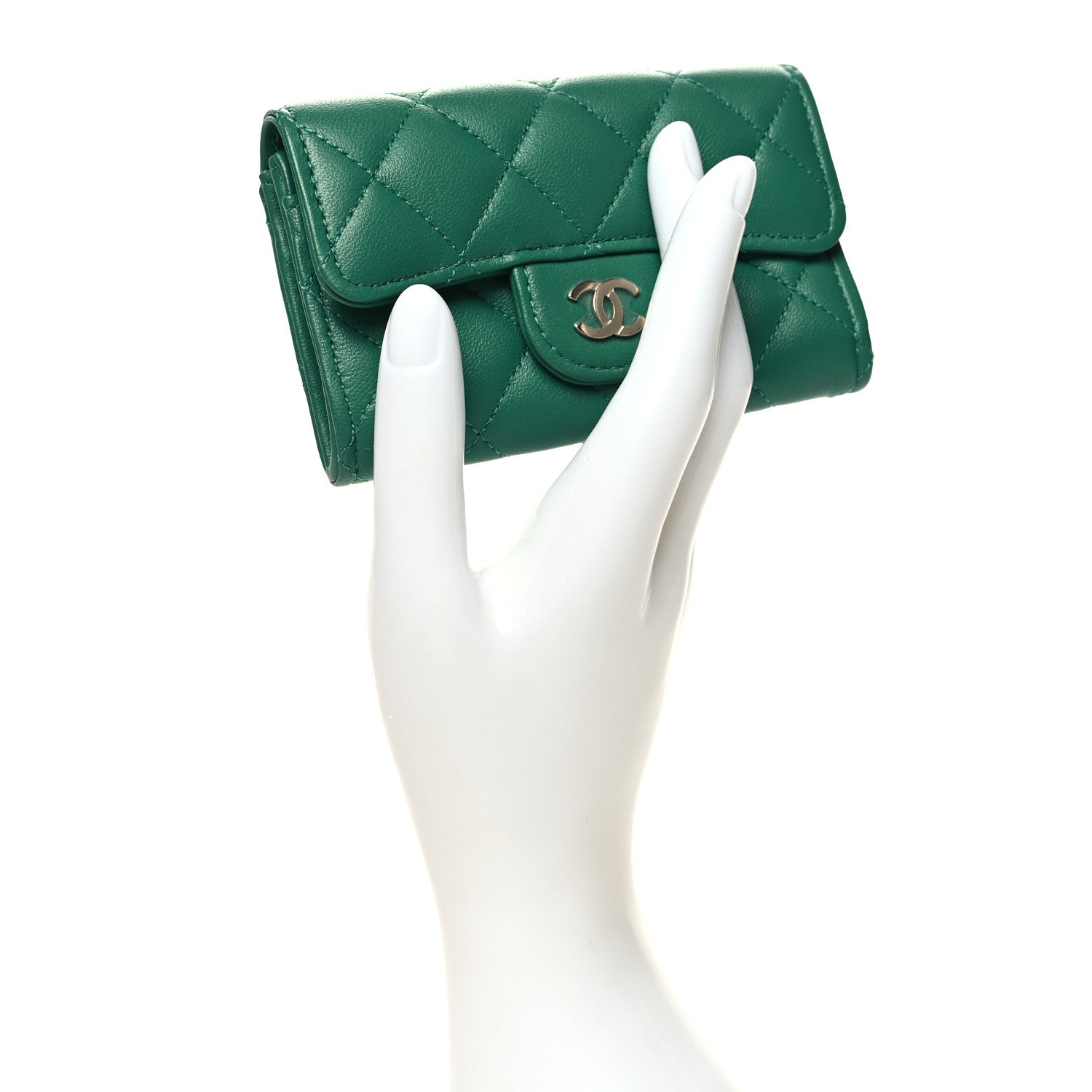 Chanel Lambskin Quilted Flap Card Holder Wallet Green 2 of 9