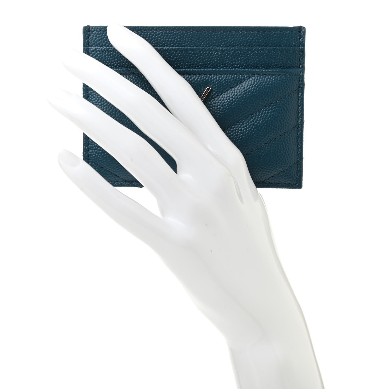 Saint Laurent Grain De Poudre Matelasse Chevron Monogram Credit Card Case Peacock Green 2 of 7