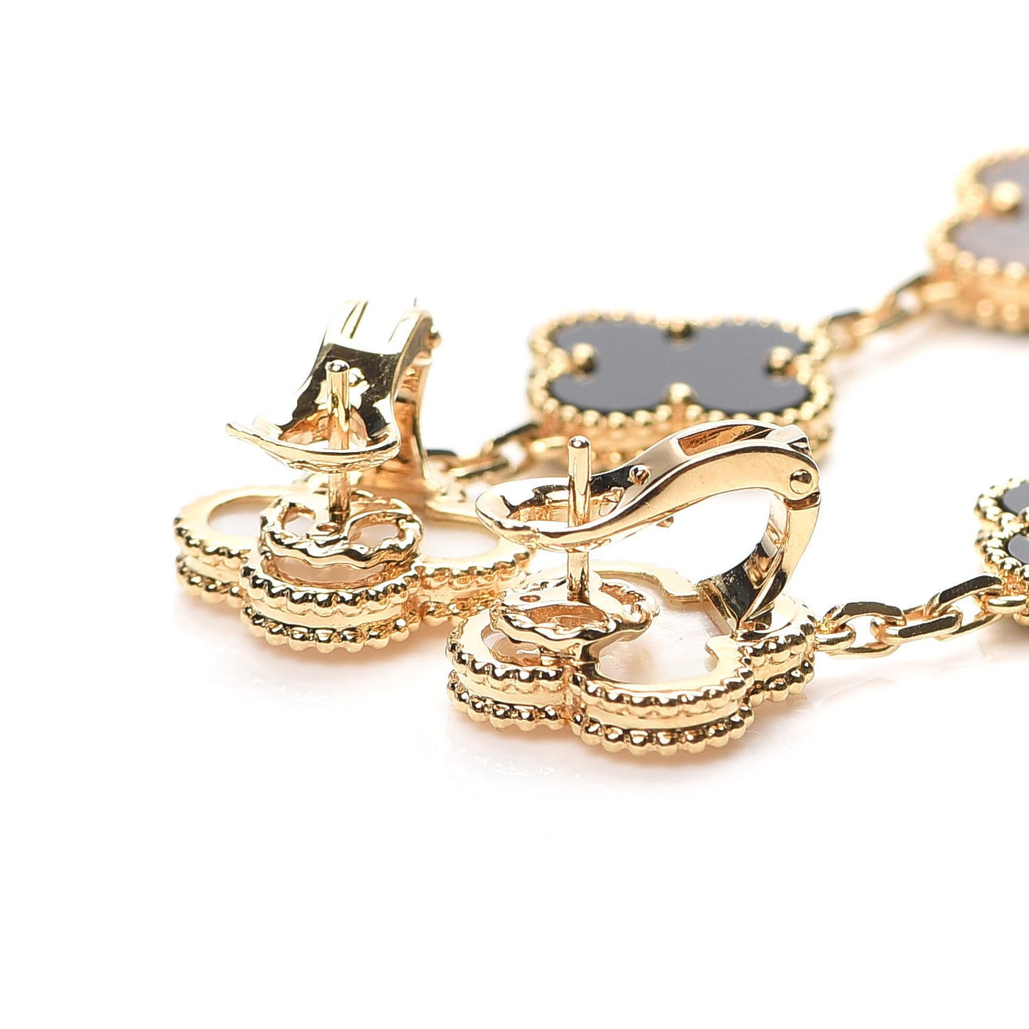 18K Yellow Gold Mother of Pearl Black Onyx 3 Motifs Magic Alhambra Earrings