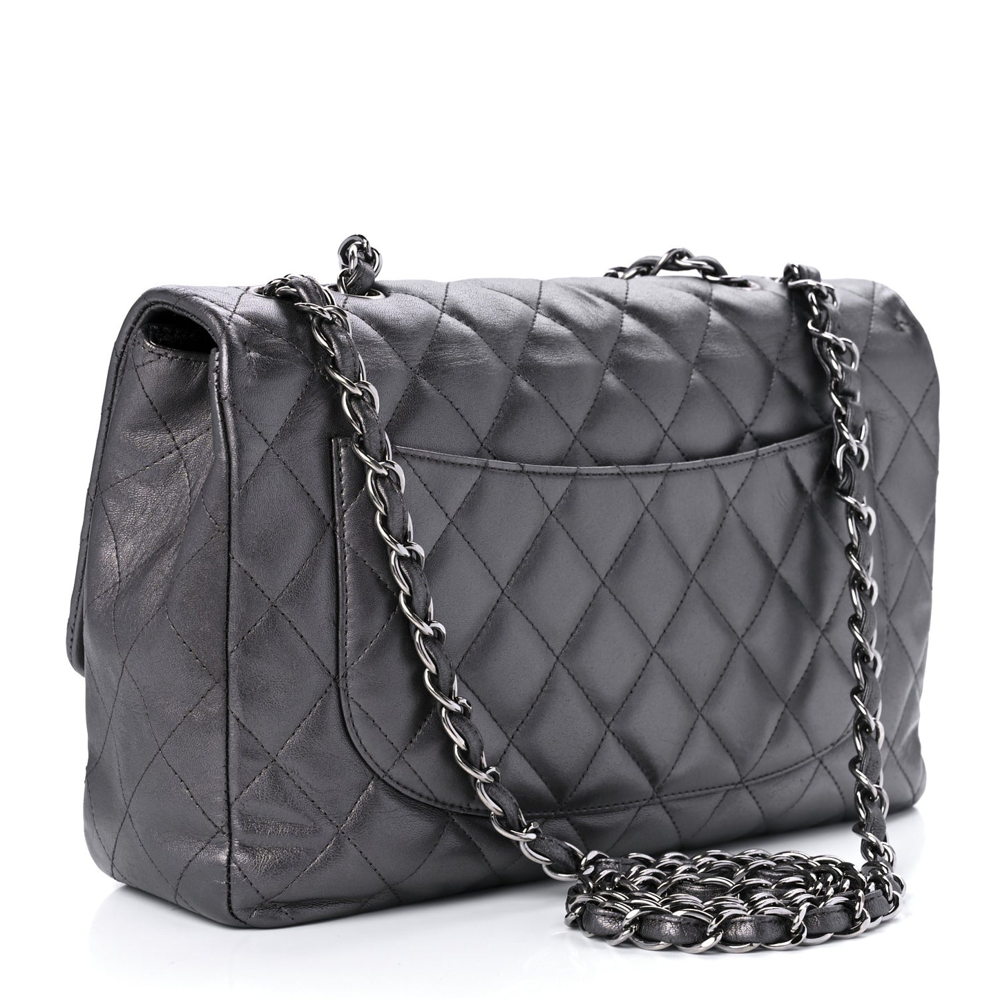 Metallic Lambskin Quilted Jumbo Single Flap Dark Grey