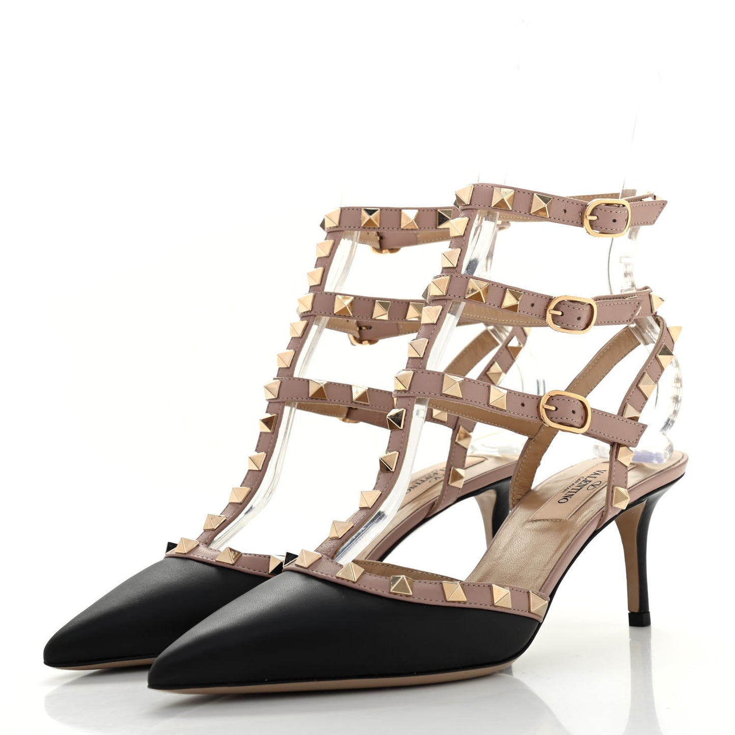 Calfskin Nappa Rockstud Ankle Strap 65mm Pumps 37 Black Poudre