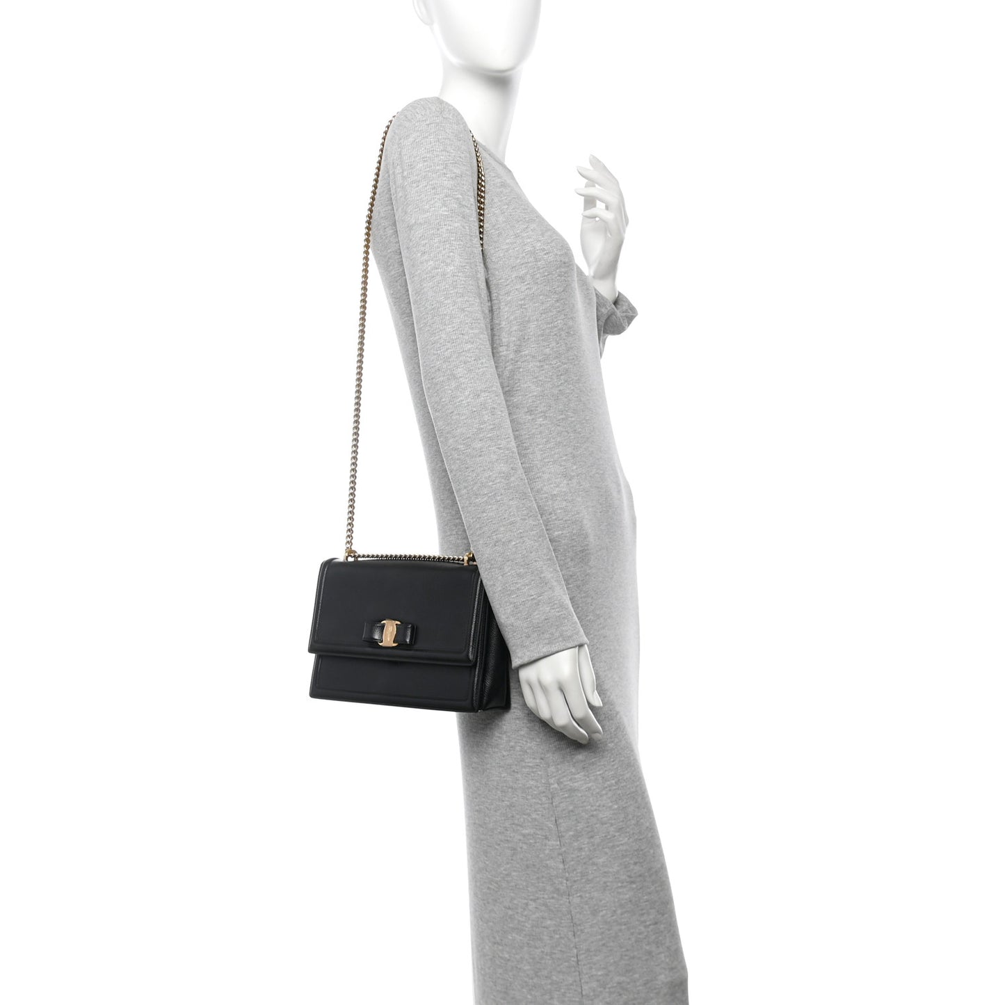 Pebble Calfskin Ginny Vara Bow Shoulder Bag Black