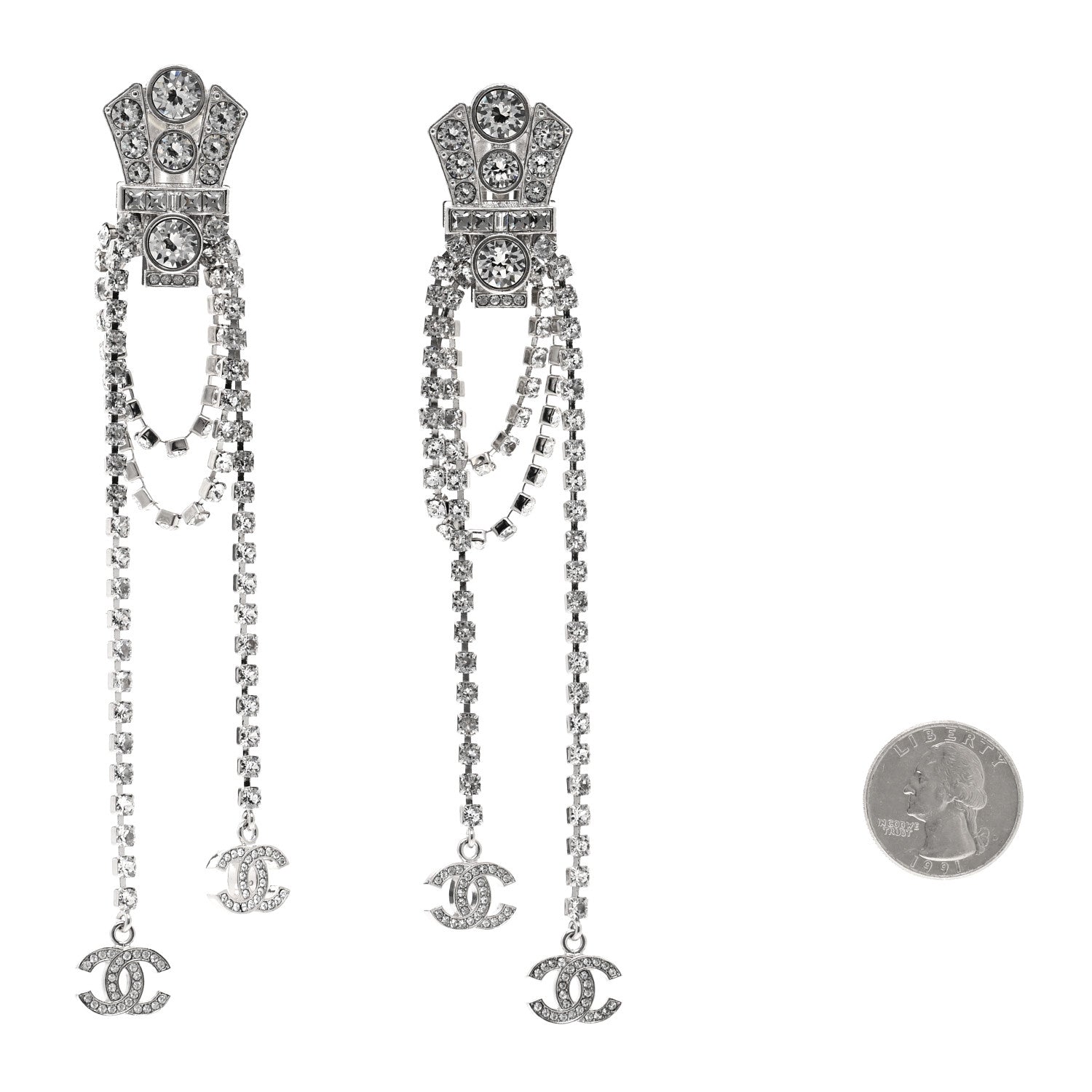 Chanel Crystal CC Crown Chandelier Drop Clip On Earrings Silver 2 of 5