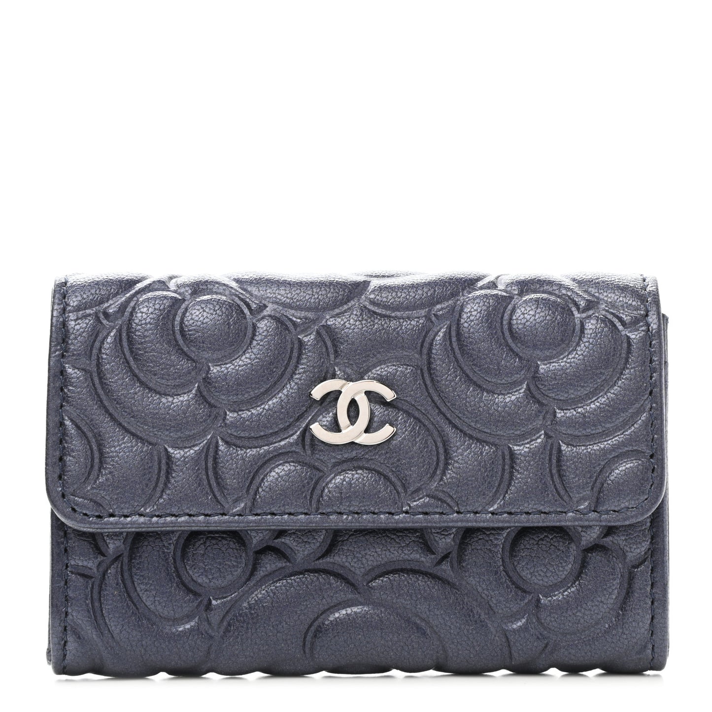 Goatskin Camellia Embossed Flap Card Holder Wallet Dark Blue