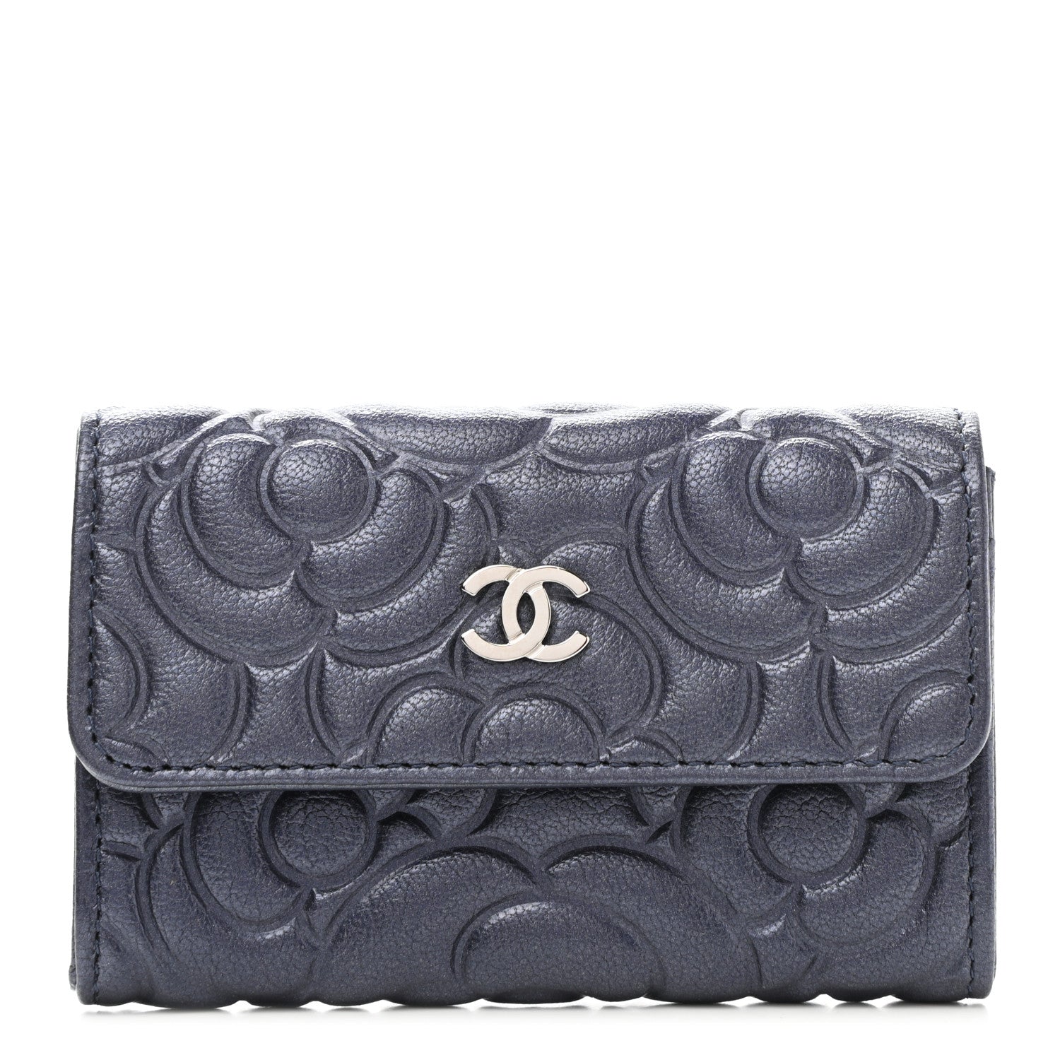 Chanel Goatskin Camellia Embossed Flap Card Holder Wallet Dark Blue 1 of 9