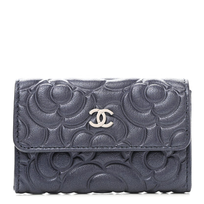 Chanel Goatskin Camellia Embossed Flap Card Holder Wallet Dark Blue 1 of 9
