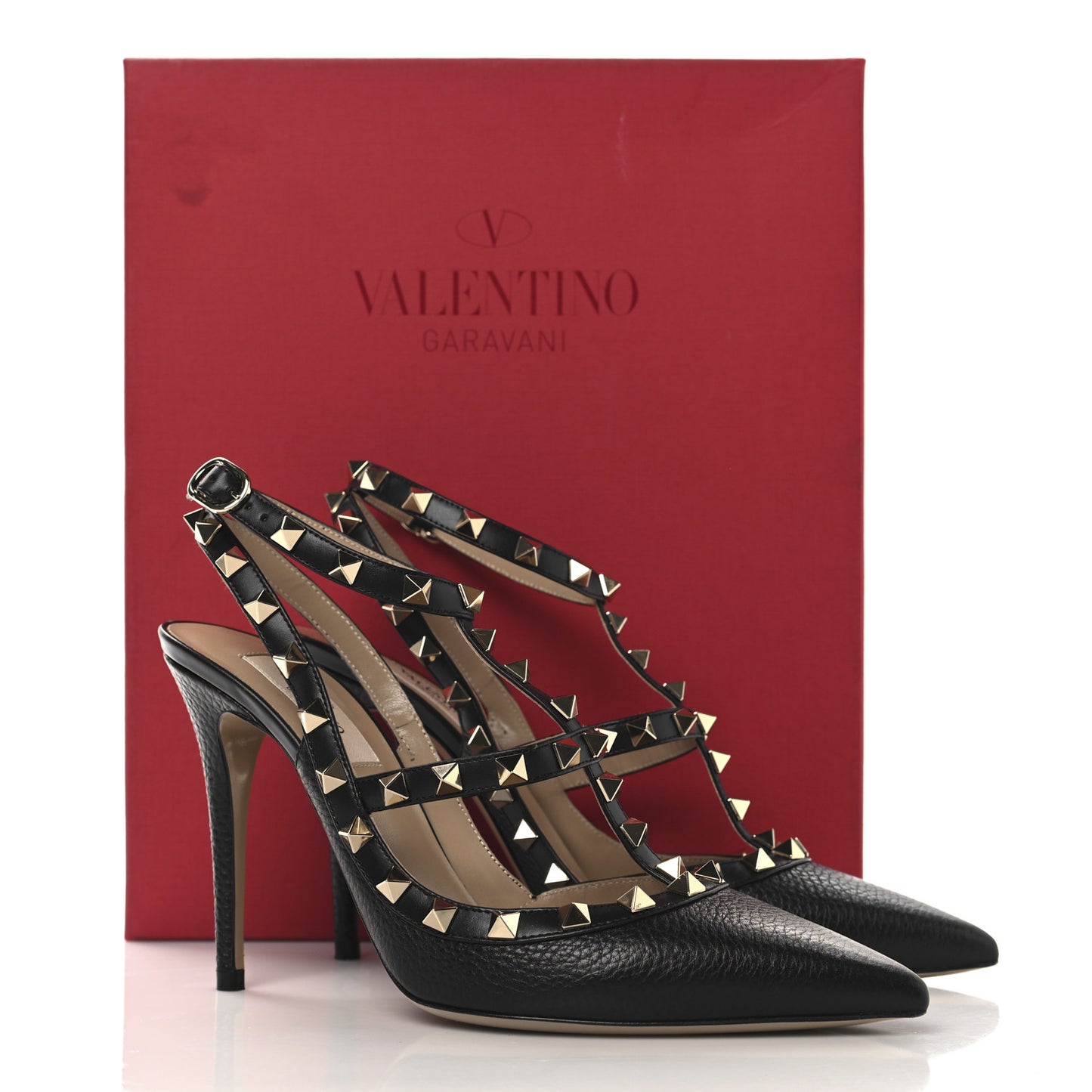 Pebbled Calfskin Rockstud Ankle Strap 100mm Pumps 38.5 Black