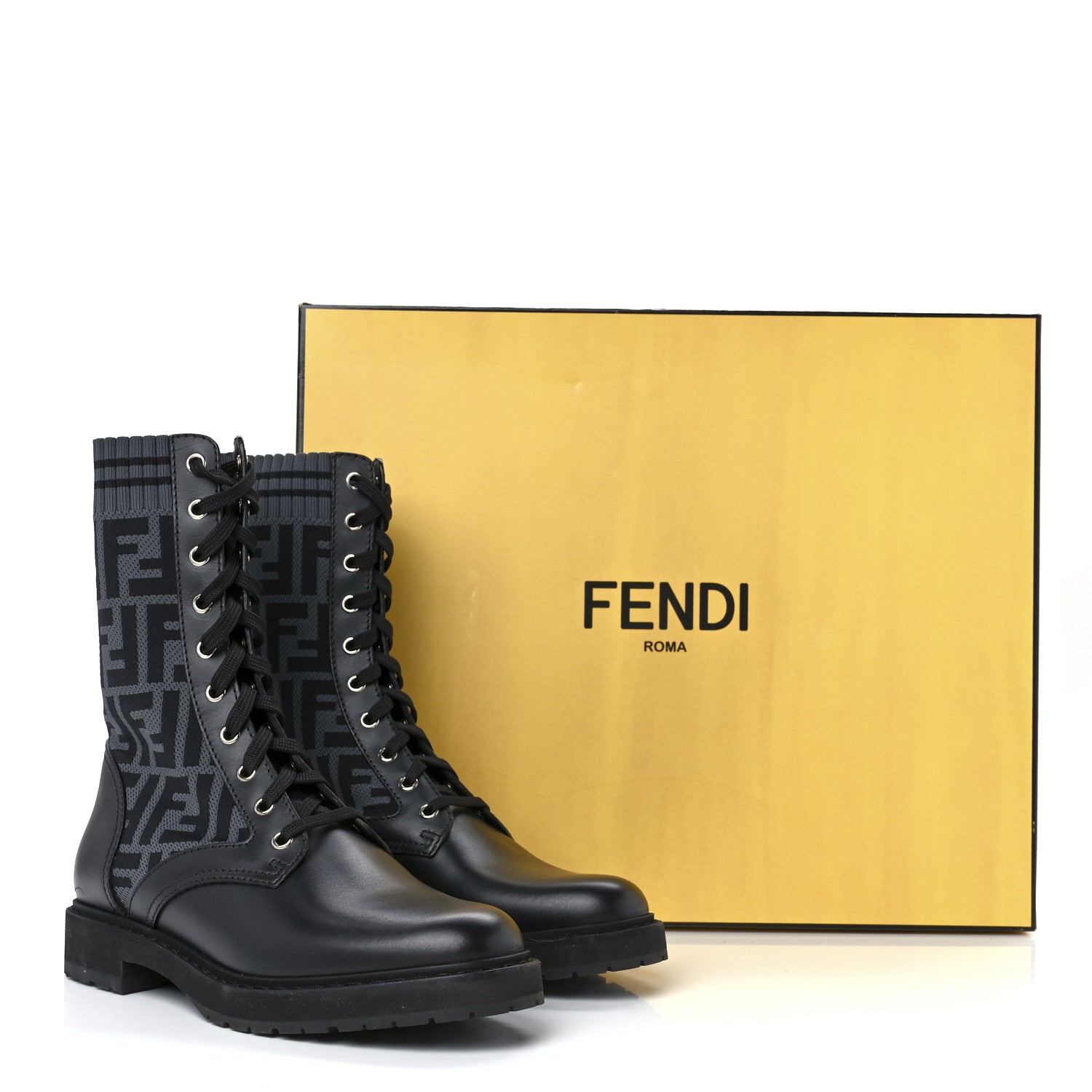 Fendi Calfskin Stretch Fabric FF Rockoko Biker Boots 38.5 Black Charcoal 8 of 8