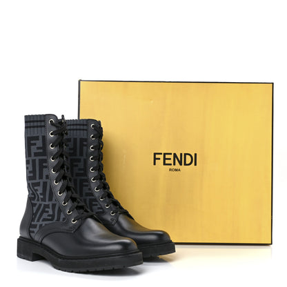 Fendi Calfskin Stretch Fabric FF Rockoko Biker Boots 38.5 Black Charcoal 8 of 8