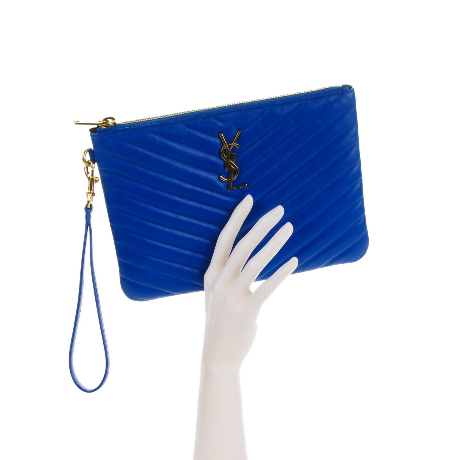 Saint Laurent Calfskin Matelasse Chevron Monogram A5 Wristlet Blue Majorelle 2 of 7