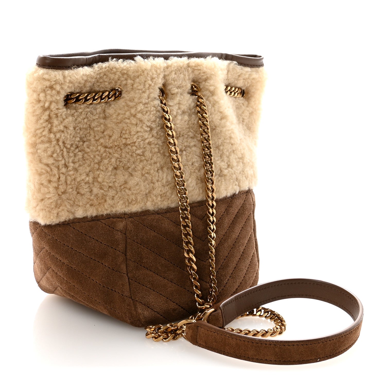 Saint Laurent Shearling Suede Monogram Joe Nano Bucket Bag Dark Cigar Natural Beige 3 of 9