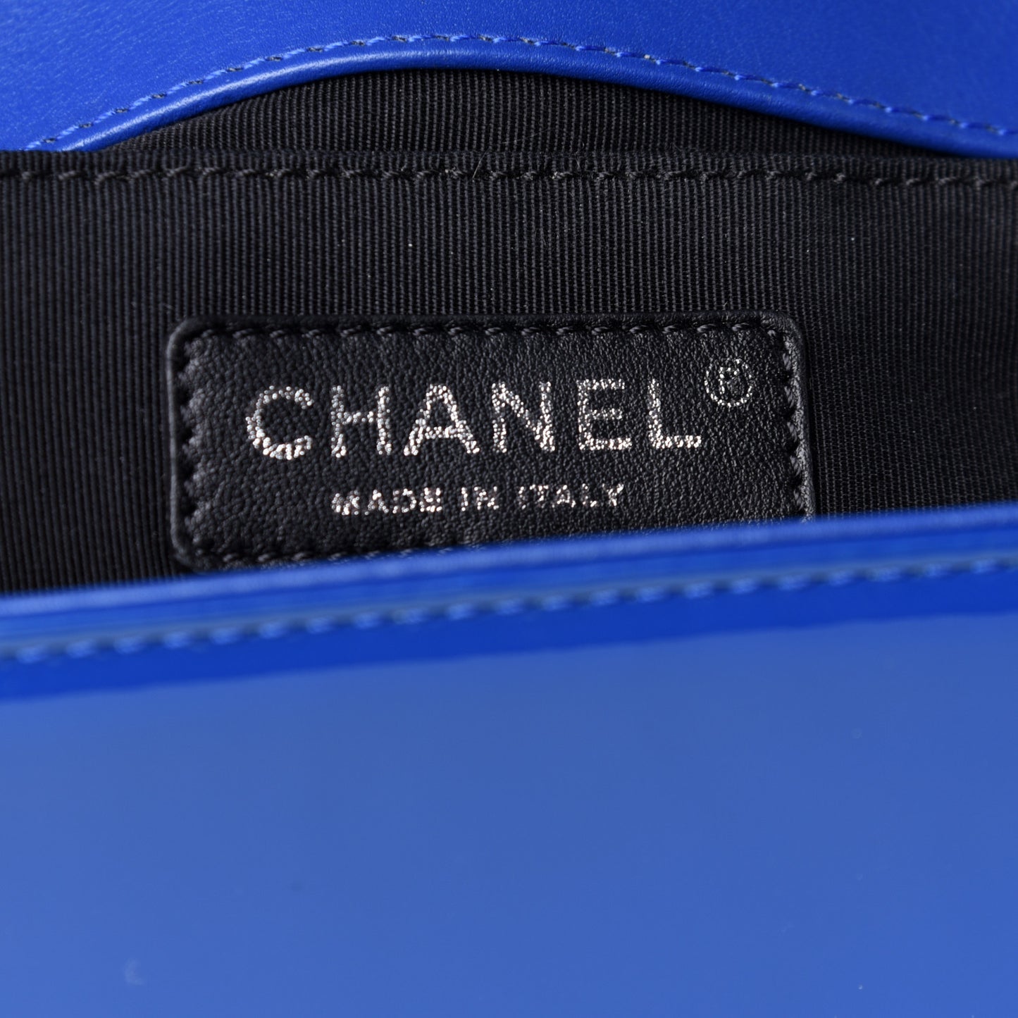 Patent Calfskin Quilted Medium Plexiglass Boy Flap Blue