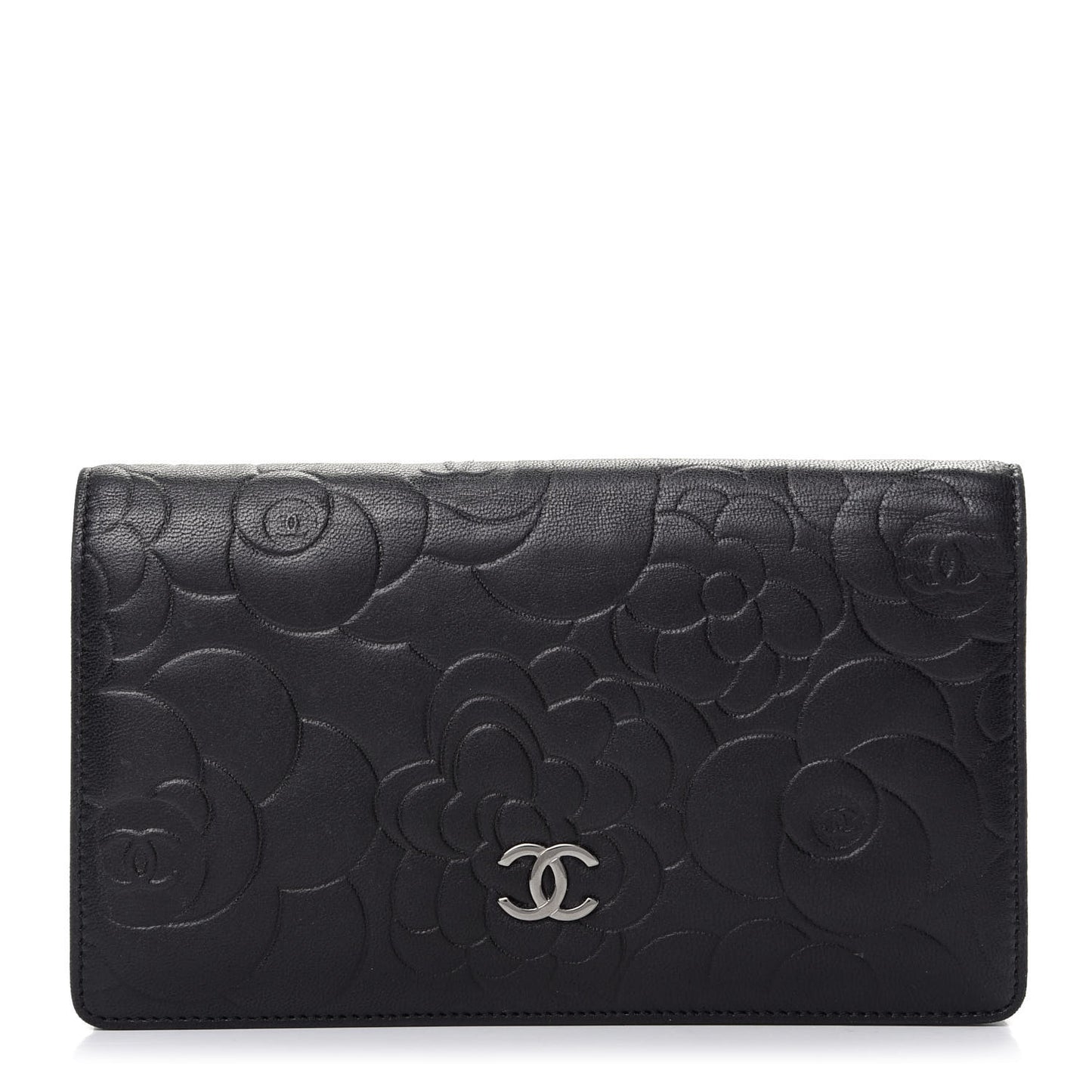 Lambskin Camellia Embossed Yen Wallet Black