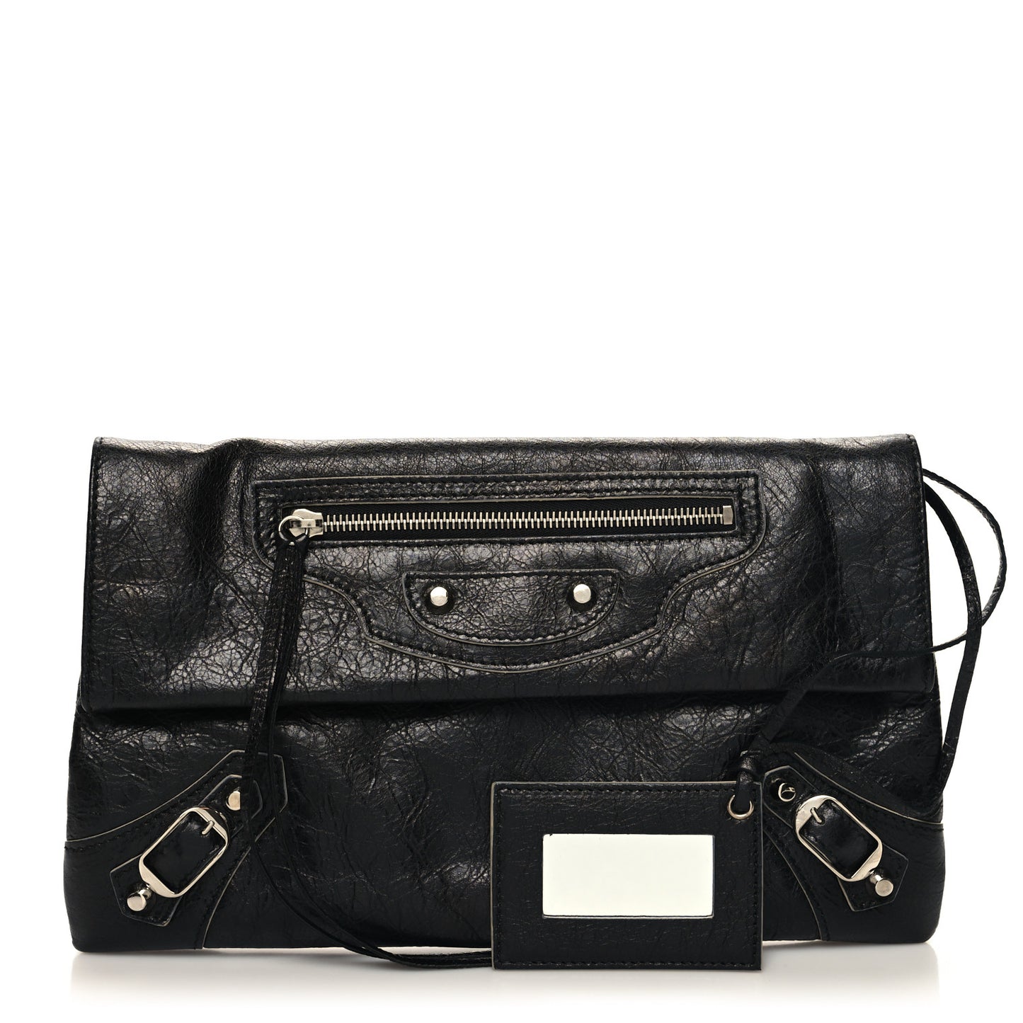 Agneau Silver Metallic Edge Hardware Envelope Clutch Black