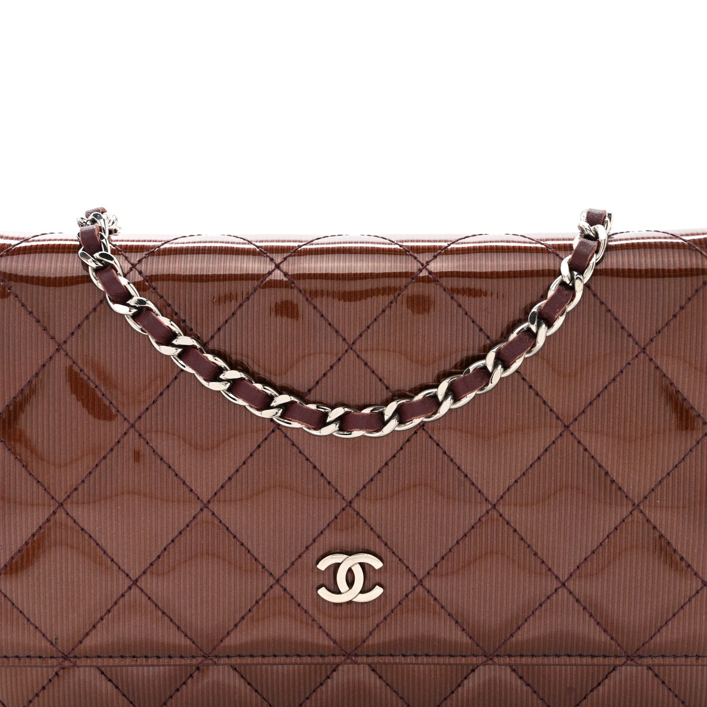 Metallic Striated Patent Quilted Wallet on Chain WOC Bronze
