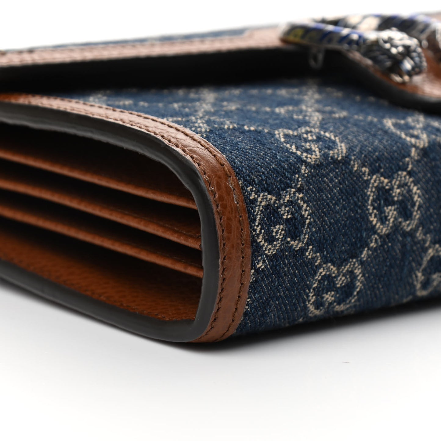 New Denim GG Monogram Dollar Calfskin Enamel Mini Dionysus Chain Wallet Blue Tea Cuir Epilog Electric Blue