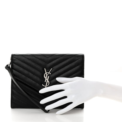 Saint Laurent Grain De Poudre Matelasse Chevron Monogram Envelope Clutch Black 2 of 8
